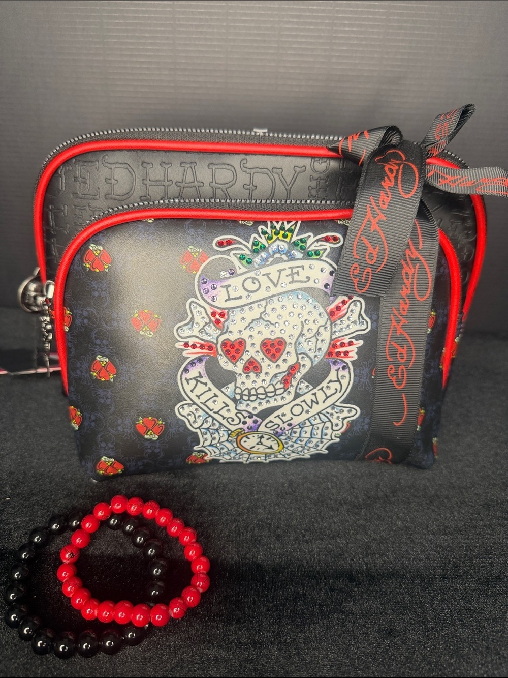 Ed Hardy Black Cosmetic Pouch with Red Trim & Rhinestone Tattoo Skull